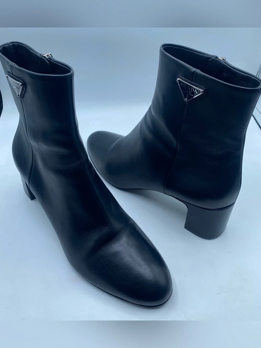Prada Logo Block Heel Leather Ankle Boots